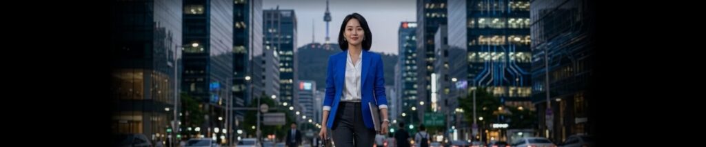 커리어컨설팅 | 닥터베니 취업컨설팅의 맞춤형 취업 전략 세션을 마친 후 서울 도심을 자신감 있게 걸어가는 20대 여성 합격자의 모습